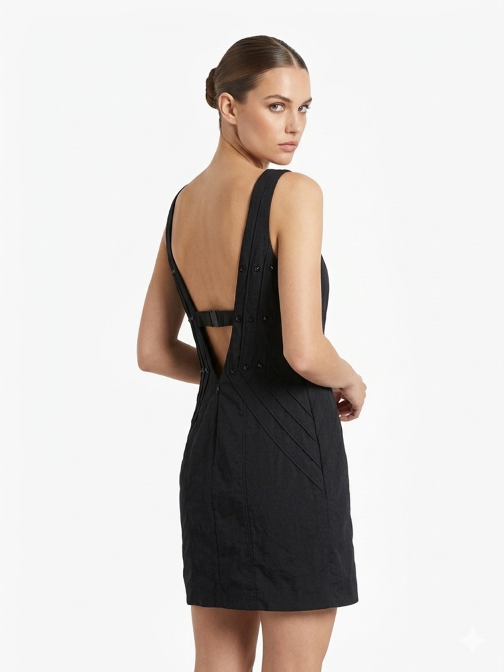 bebe Black Studded Low Back Bodycon Mini Dress Textured Viscose Blend Size 2 - Picture 2 of 7